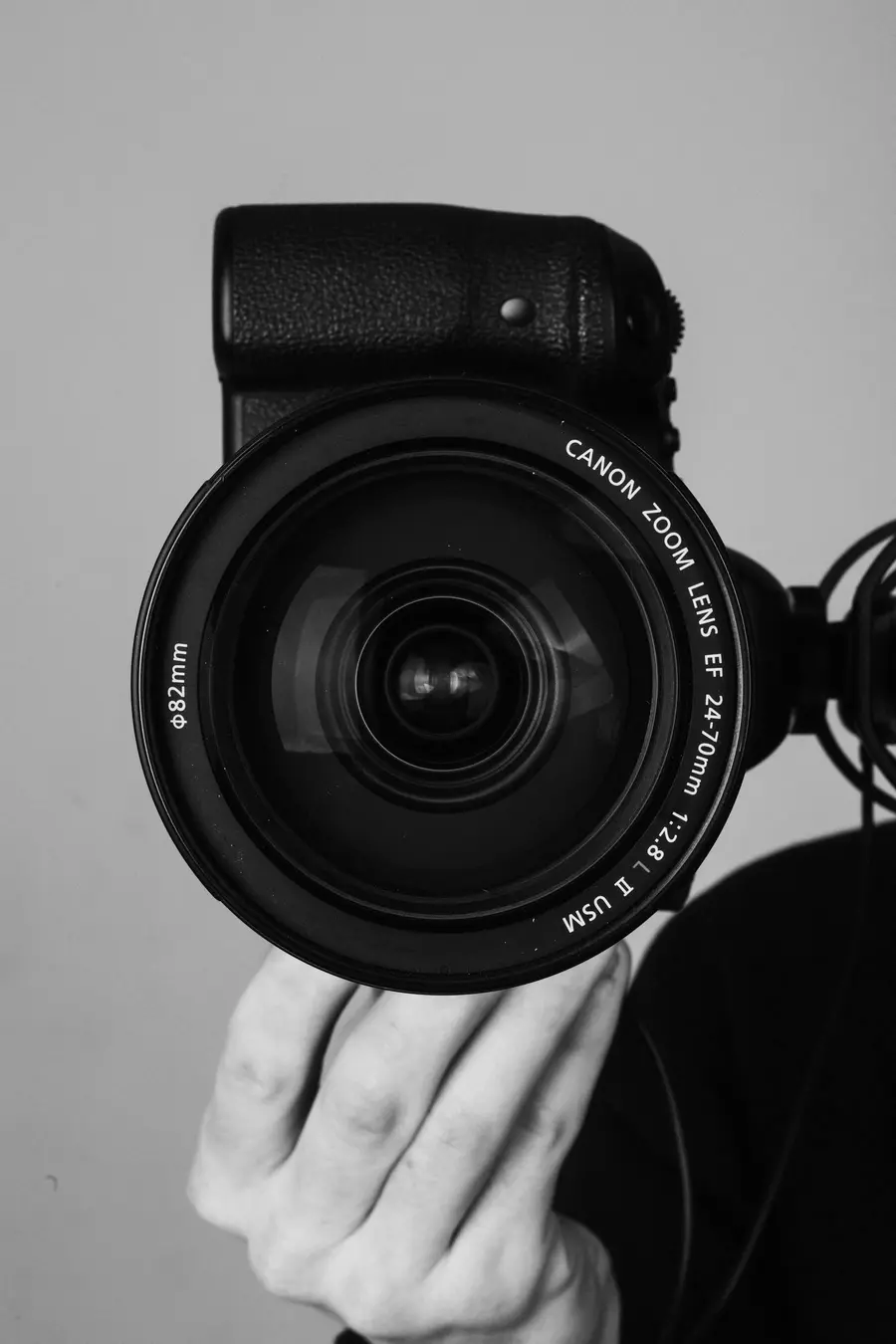 A hand holding a camera with a zoom lens
